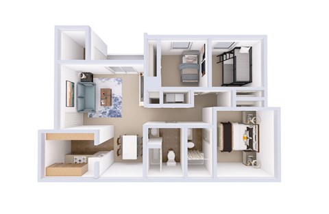 A white model of a house with various rooms and furniture.